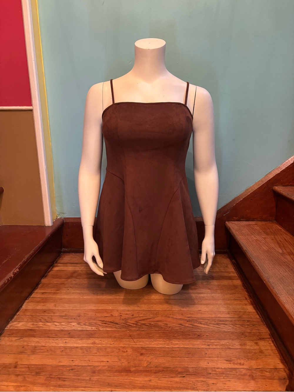 wild fable Brown Suede-Look Spaghetti Strap Skater Dress